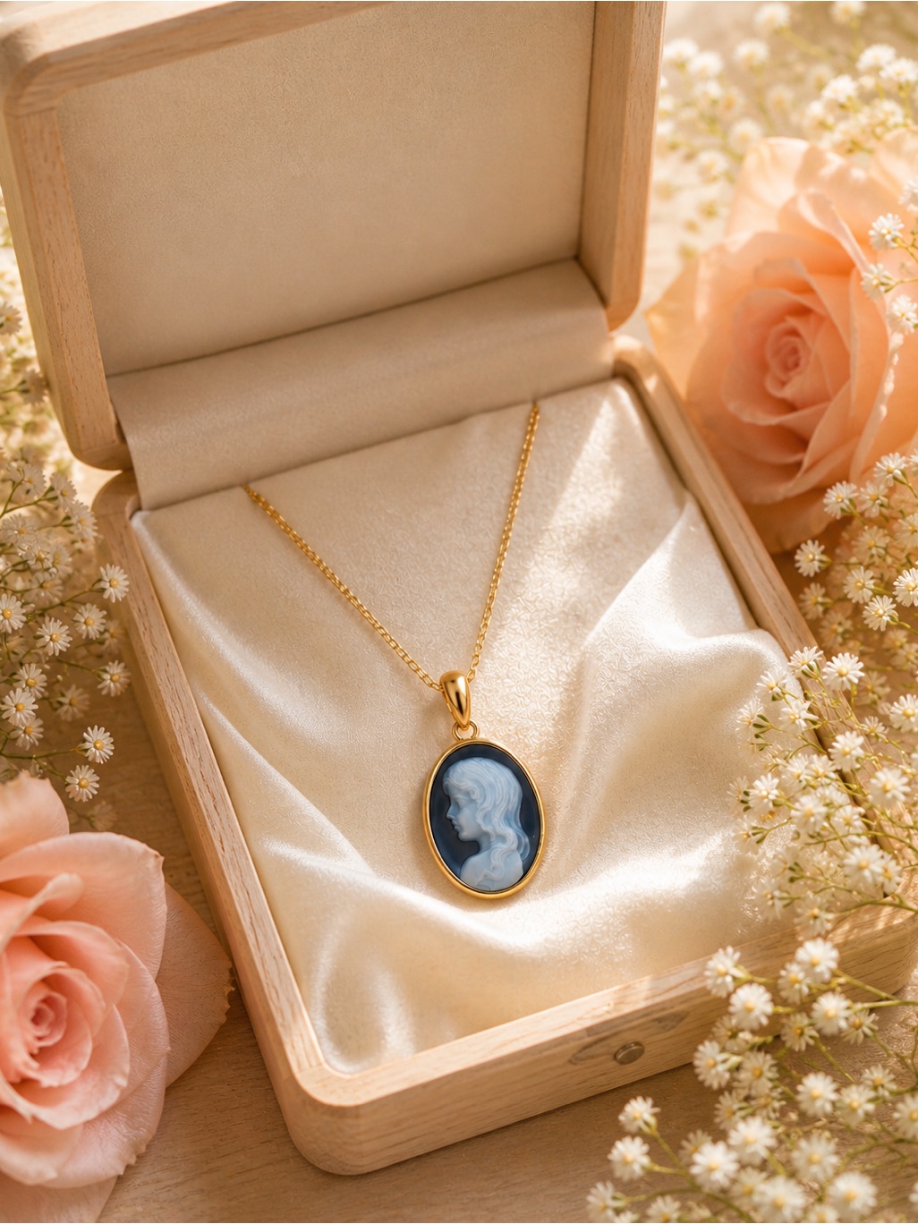 18k Japan Gold 18â And 18mm Blue Cameo Pendant Necklace-Timeless Women's Jewelry